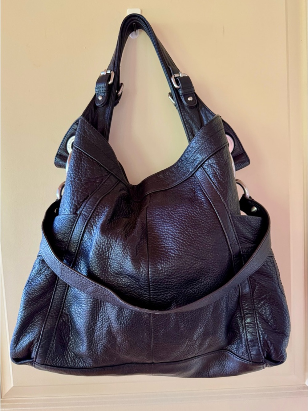 b. makowsky Black Pebbled Leather Shoulder Bag with Front Zips - Picture 2 of 7